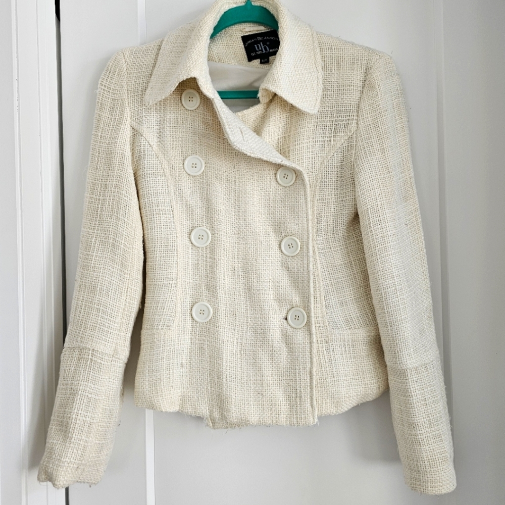 Ladies Vintage Tweed Blazer - Creme, Button front and Button Detail Sleeves